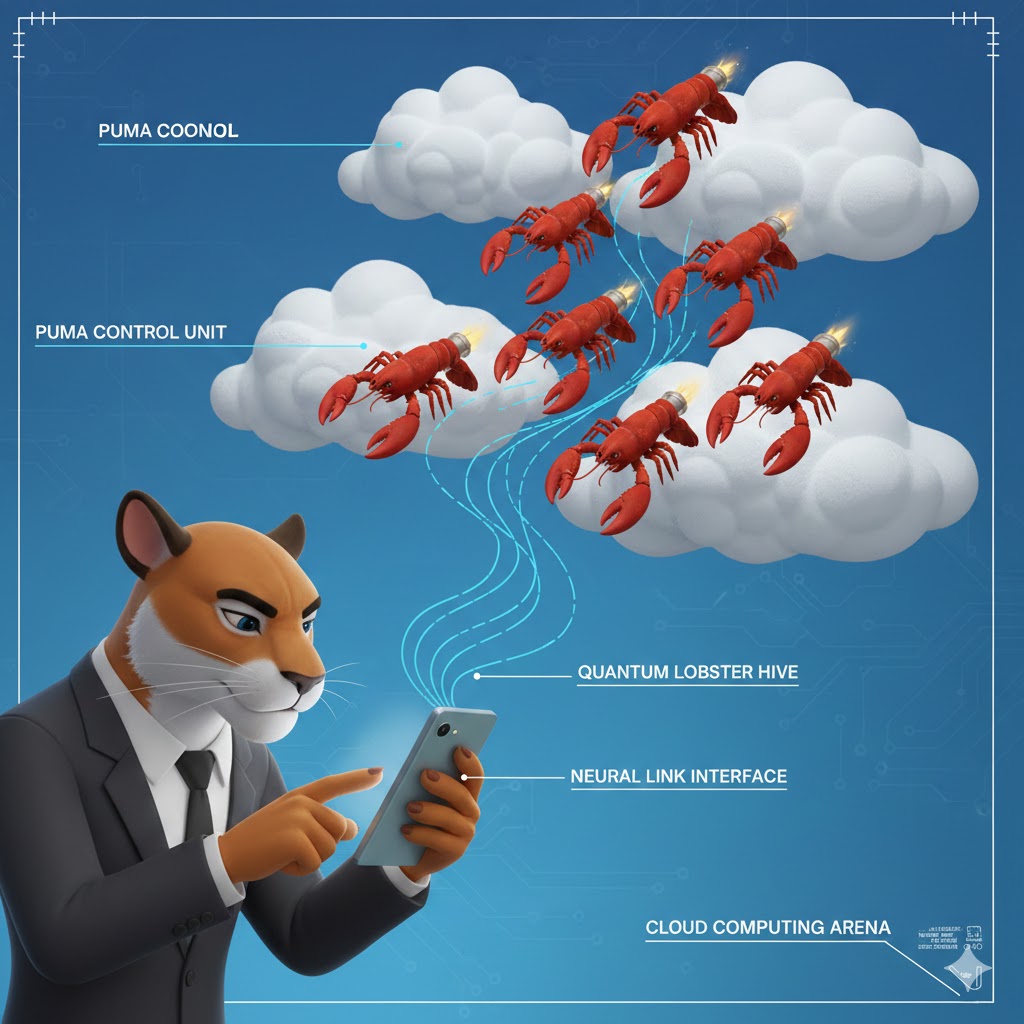 Puma using a phone to operate several lobsters in the clouds.